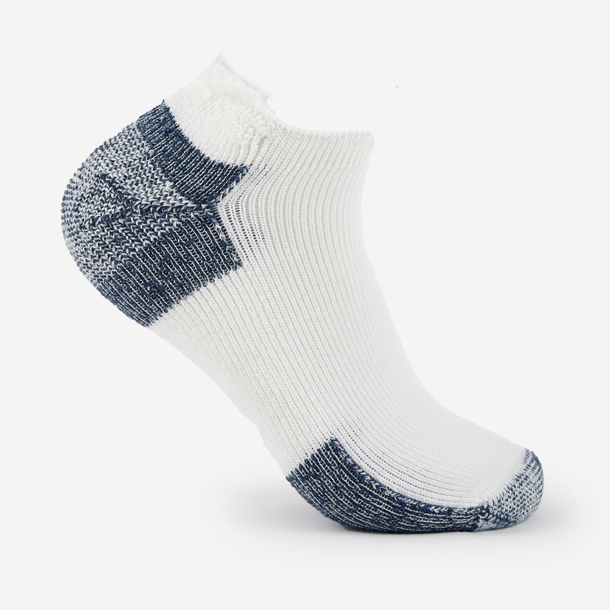 Thorlo white running rolltop ankle sock with navy blue cushioned heel and toe