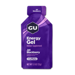 GU Energy Gel in Jet Blackberry flavor, purple packaging with caffeine