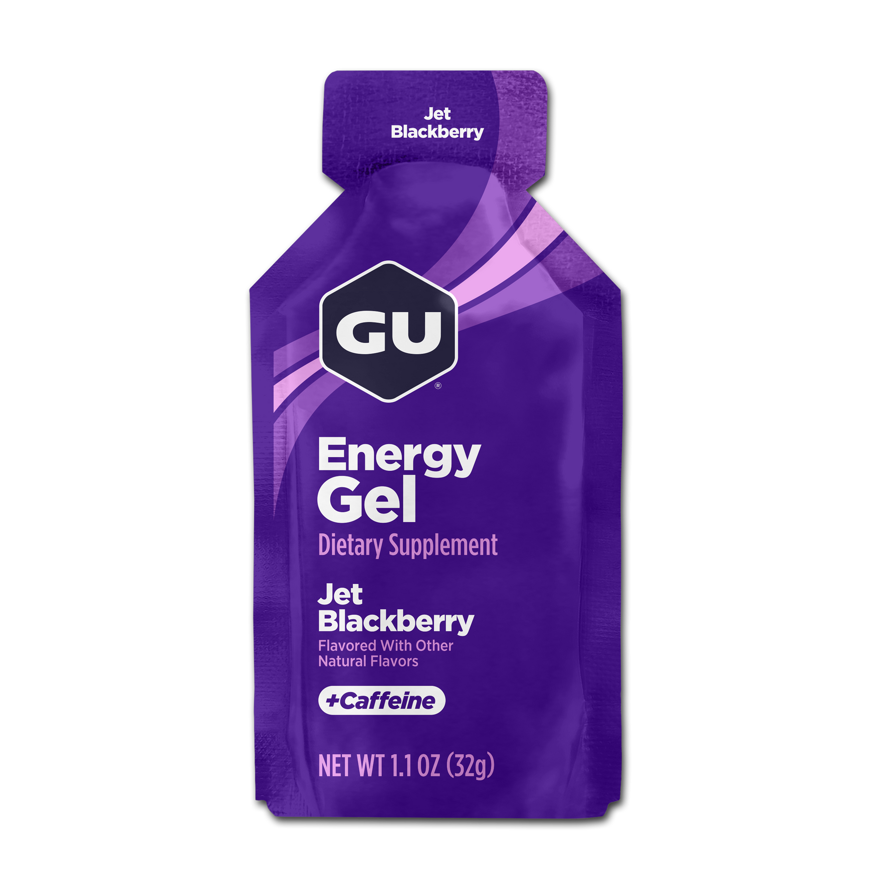 GU Energy Gel in Jet Blackberry flavor, purple packaging with caffeine