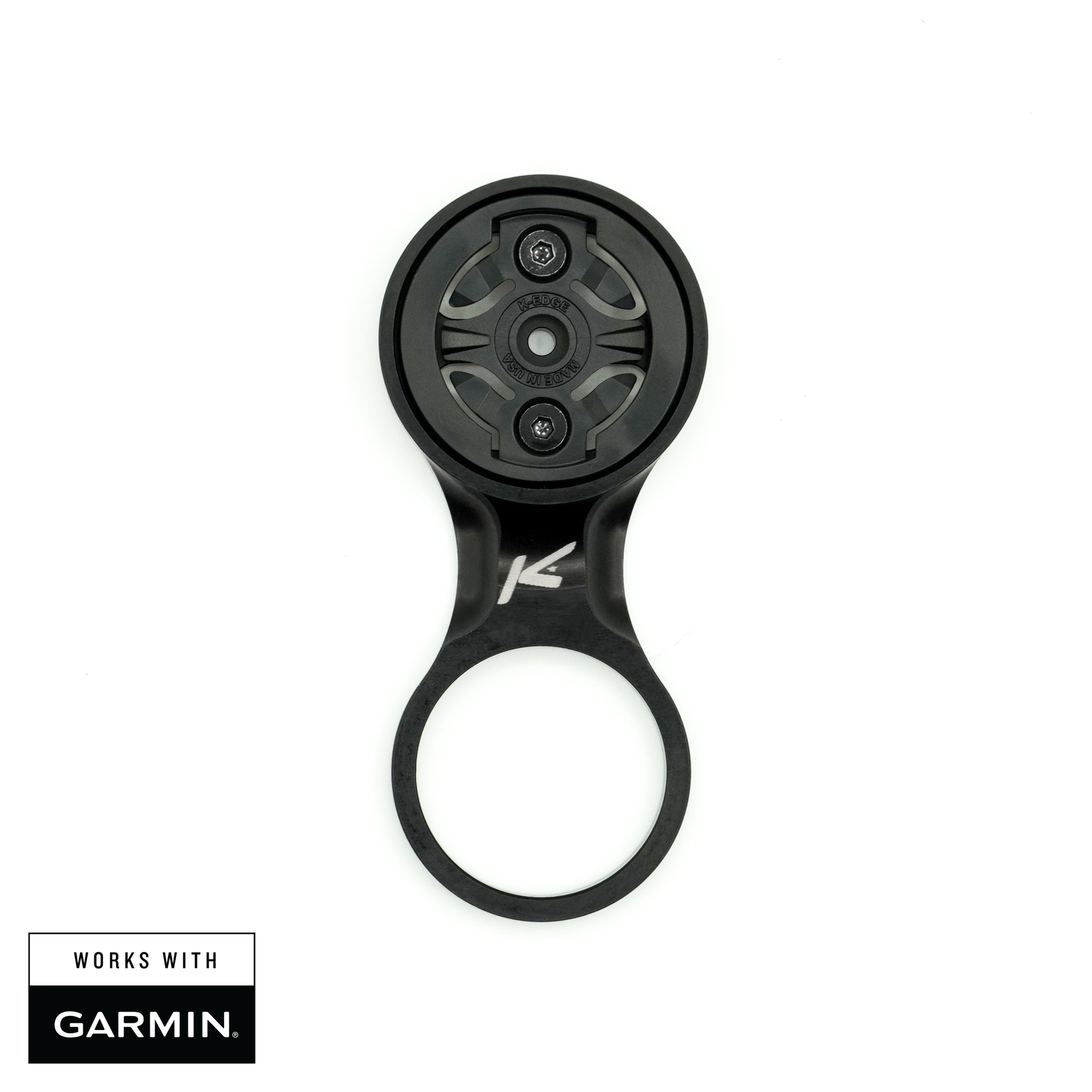 K-EDGE black stem mount with Garmin compatibility showing front view against white background