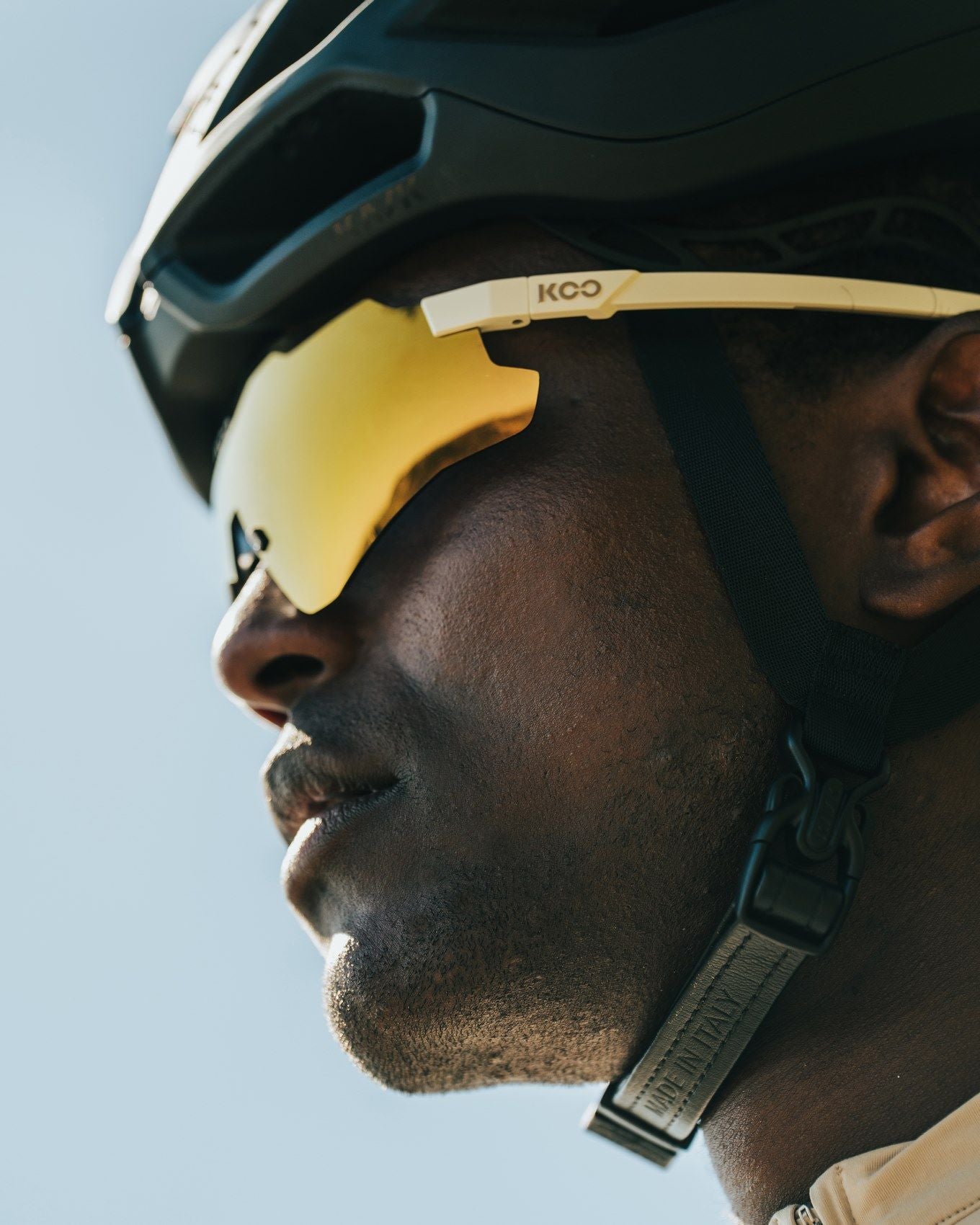 KOO Nebula cycling sunglasses in Vanilla Matt frame with Dark Gold Mirror lenses