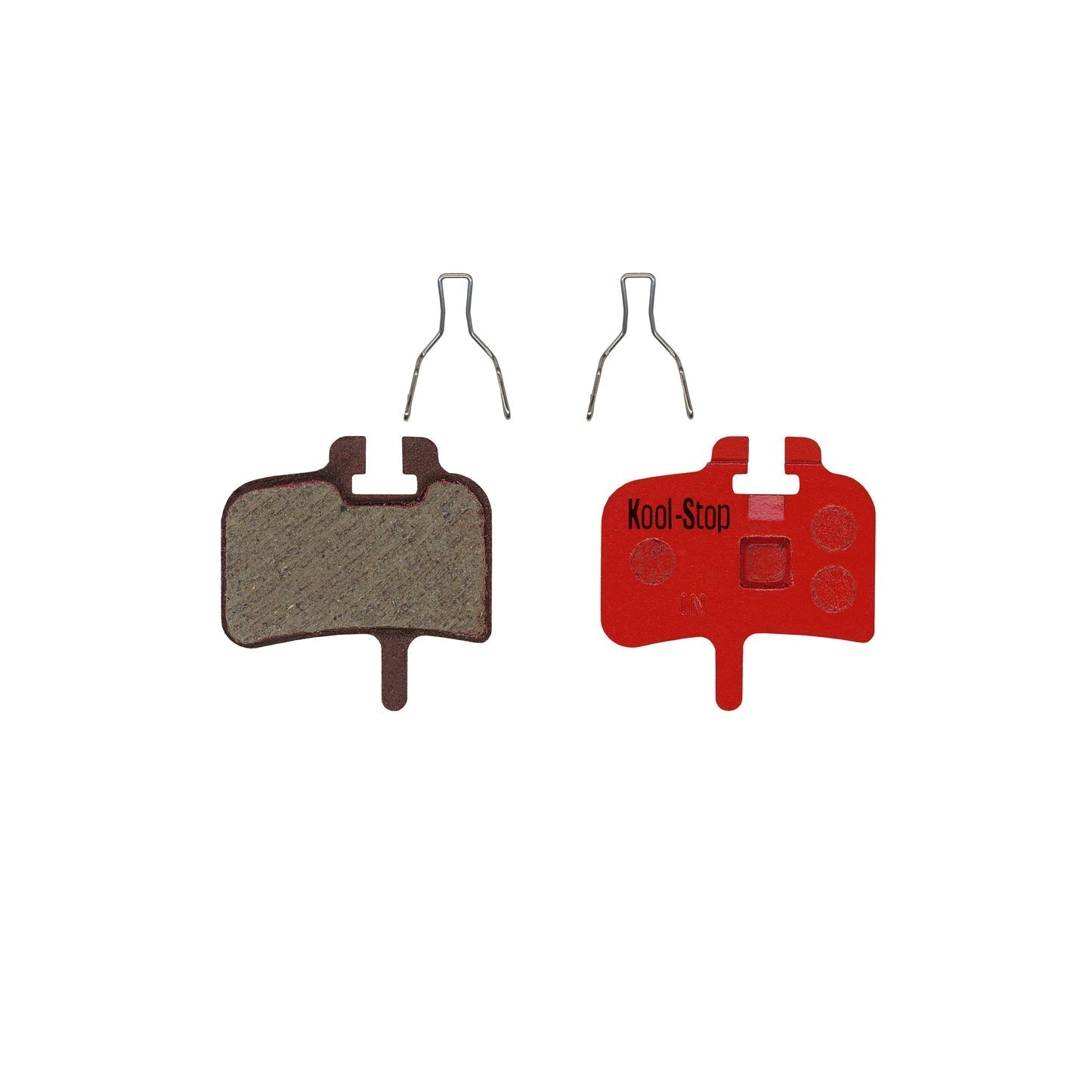 Kool-Stop disc brake pads with brown friction material and red backing plate