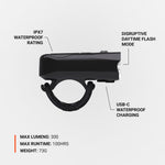 Black Lezyne KTV Drive Pro 300+ front bike light with labeled features