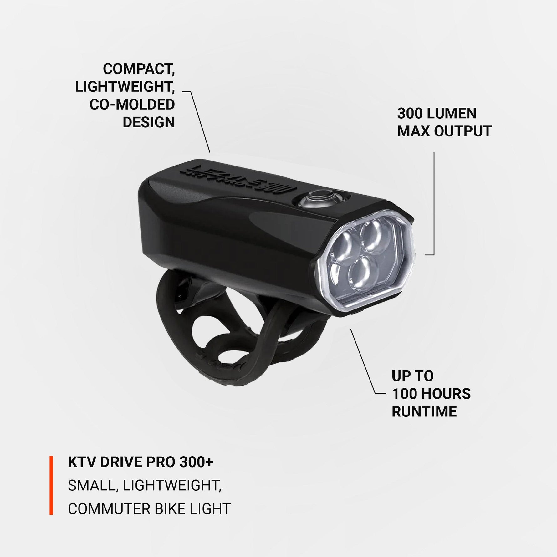 Lezyne KTV Drive Pro 300+ black bike light with mounting bracket