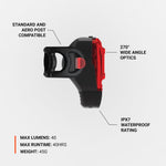 Lezyne KTV Drive+ rear bike light in black with red LED panel and technical specifications