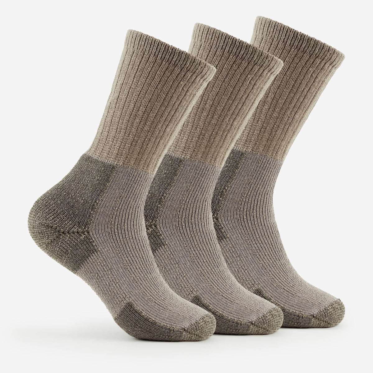Thorlos Men's Hiking Thick Cushion Crew Socks in grey-tan, three-pack studio shot