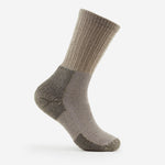 Thorlos men's hiking crew sock in tan with grey cushioned heel and toe zones