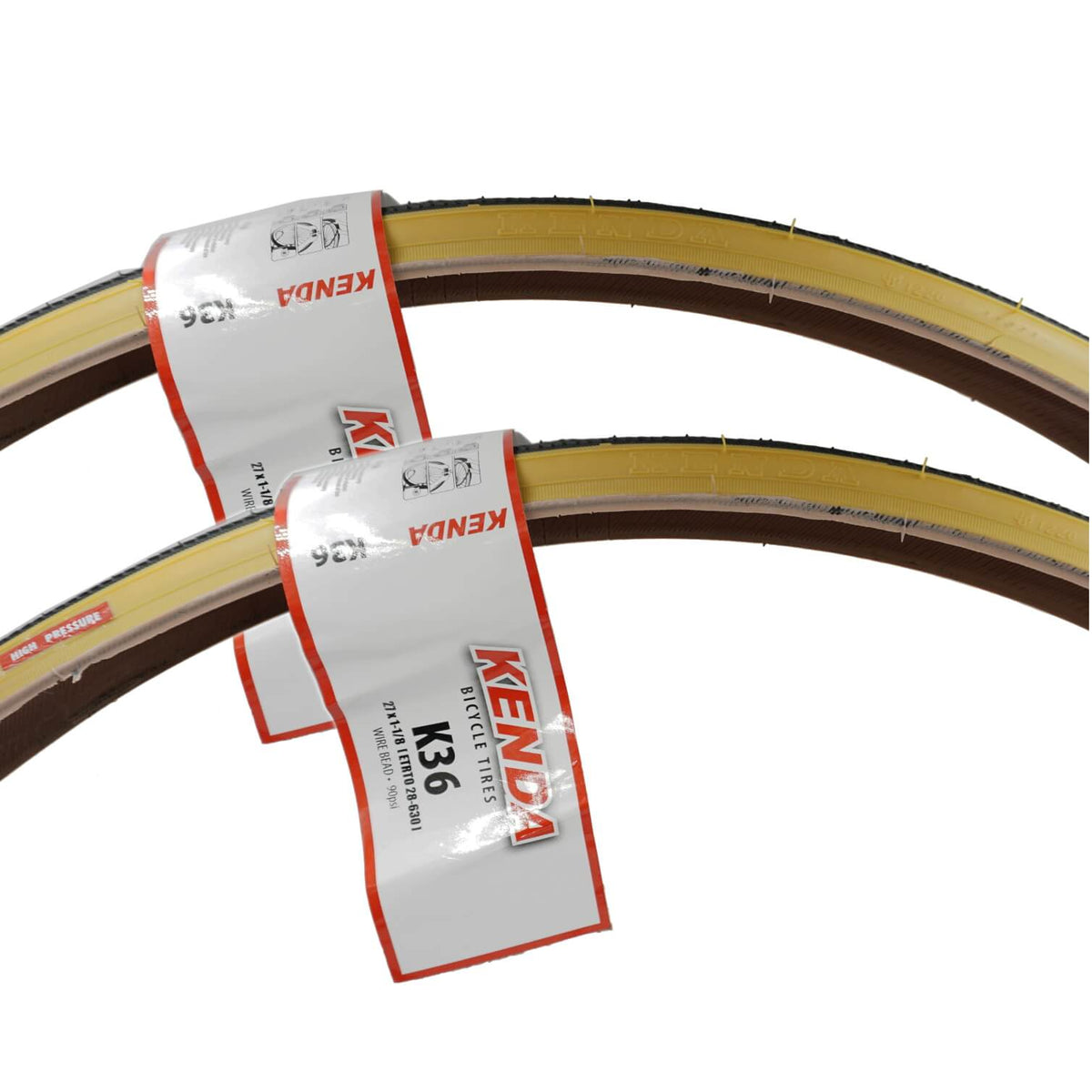 Pair of Kenda K36 27x1-1/8 gum wall bicycle tires with product labels on white background