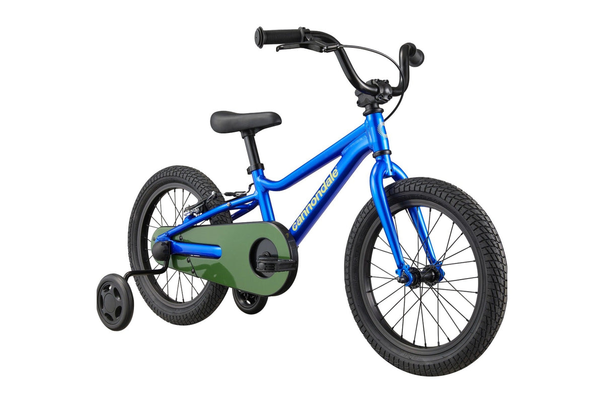 Cannondale Kids Trail Single-Speed bike in Sonic Blue with training wheels, three-quarter front view