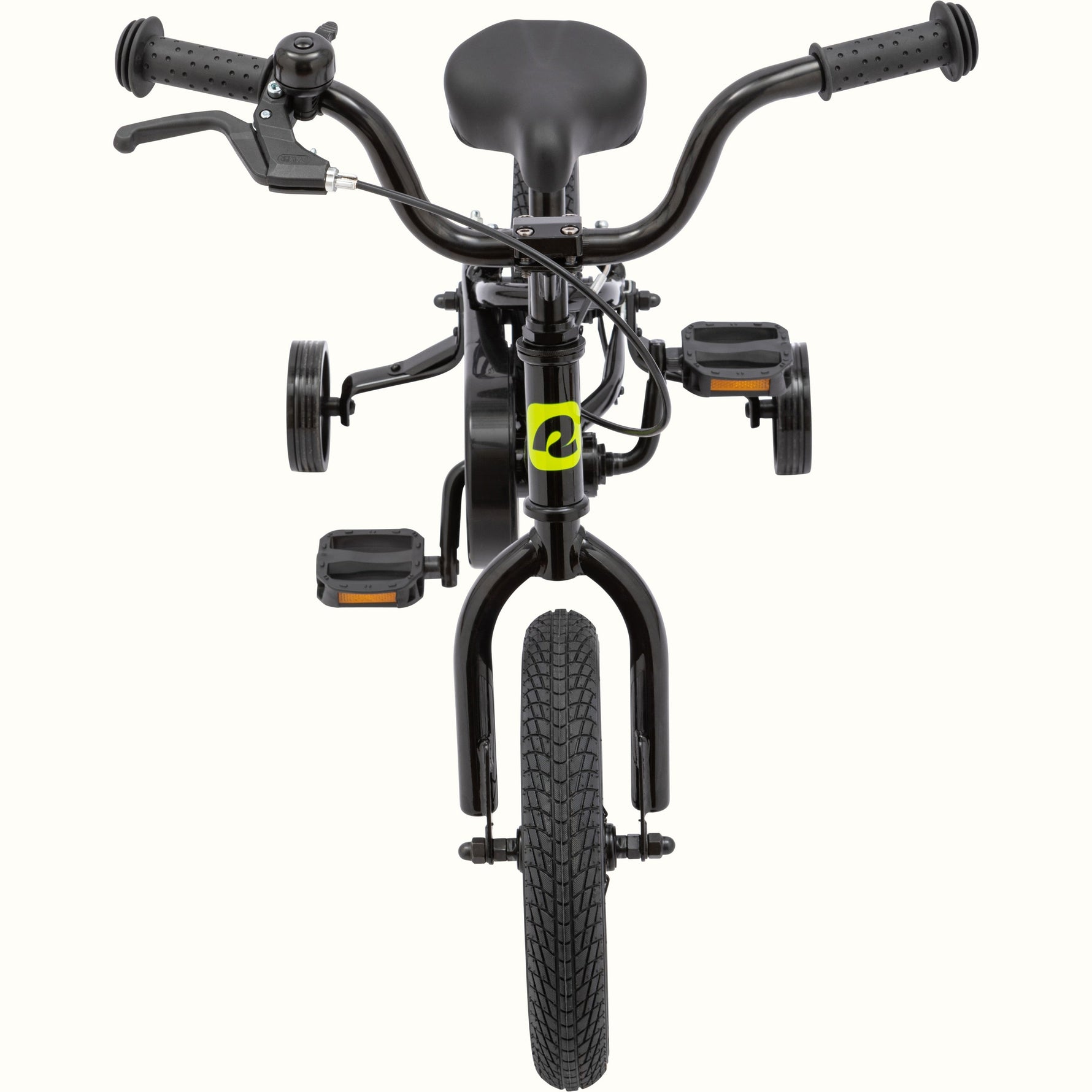 Retrospec Koda 12-inch black kids bike with neon yellow logo, front view with training wheels