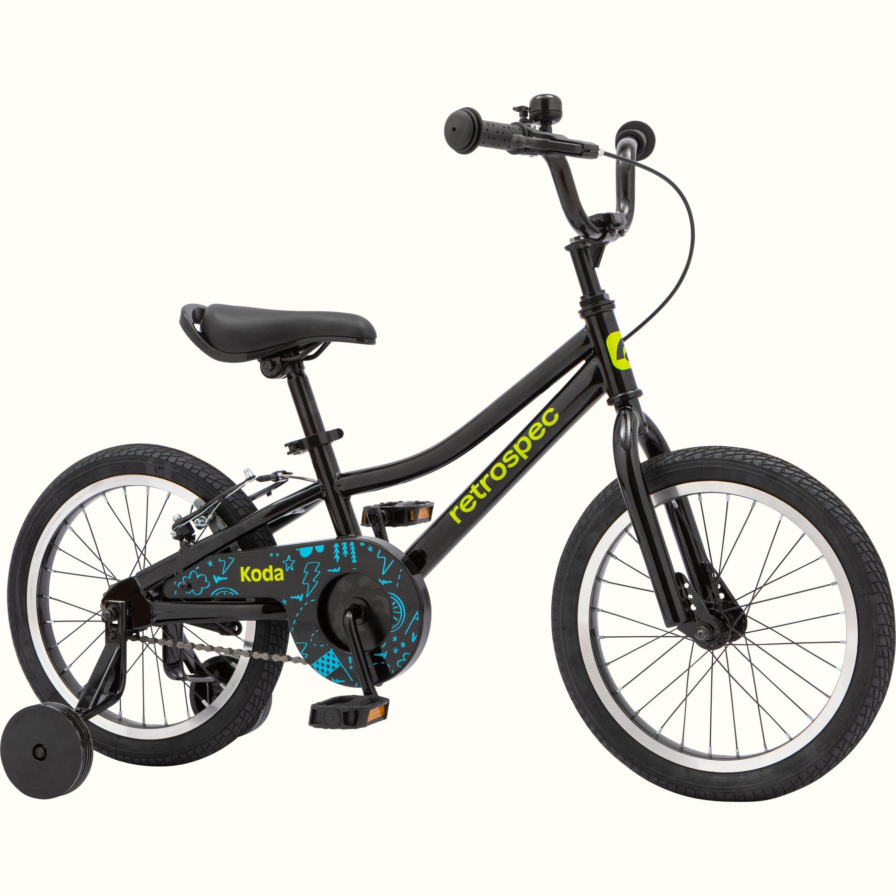 Retrospec Koda 16-inch black kids bike with training wheels and neon accents