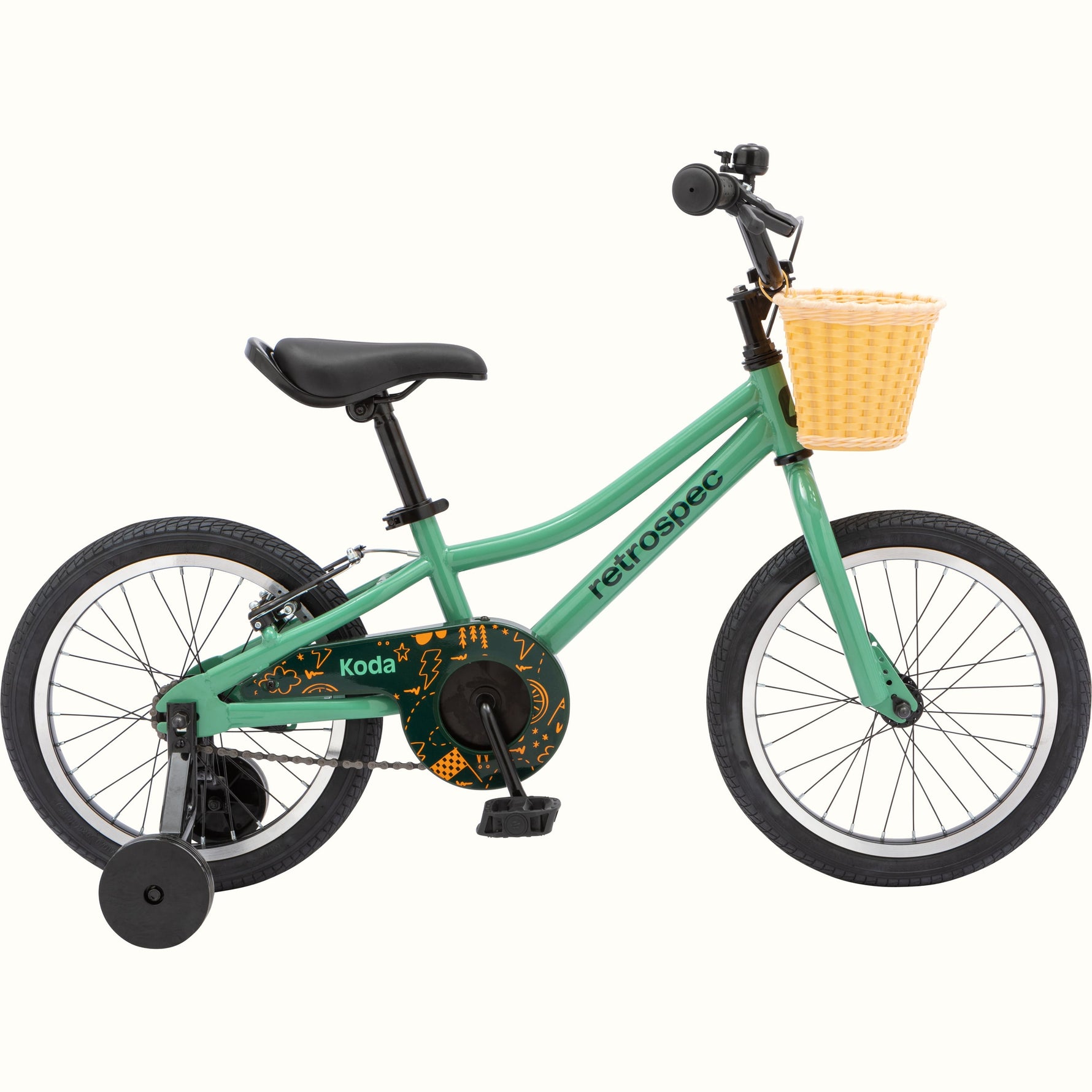 Retrospec Koda 16-inch kids bike in mantis green with training wheels and front basket