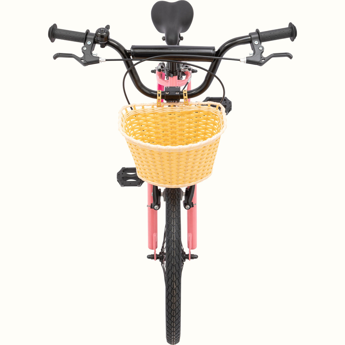 Retrospec Koda 20-inch kids bike in cotton candy pink with wicker front basket, front view