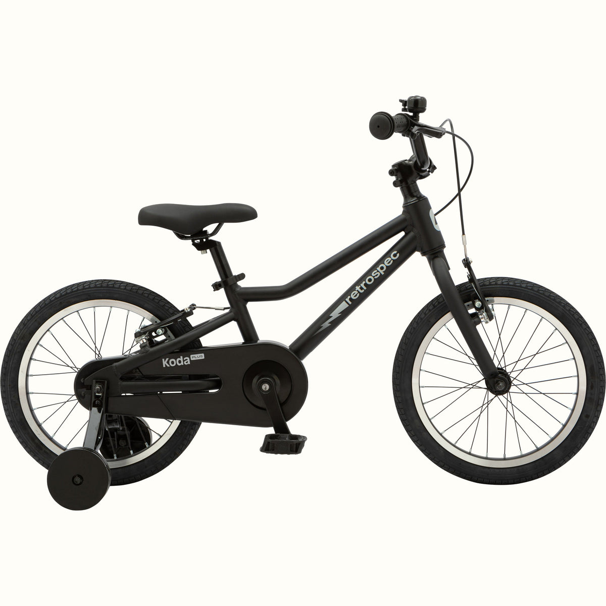 Retrospec Koda Plus 16-inch children's bicycle in matte black with training wheels, side view