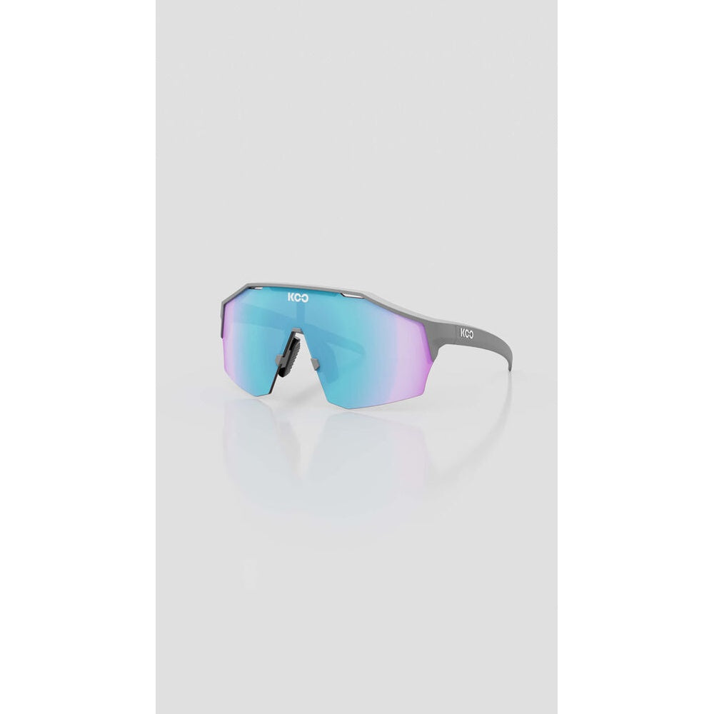 KOO Alibi cycling sunglasses with gray frame and turquoise mirror lens on white background