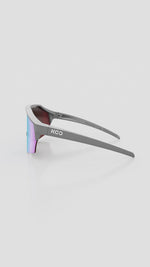 KOO Alibi cycling sunglasses with gray frame and turquoise mirror lens, side view