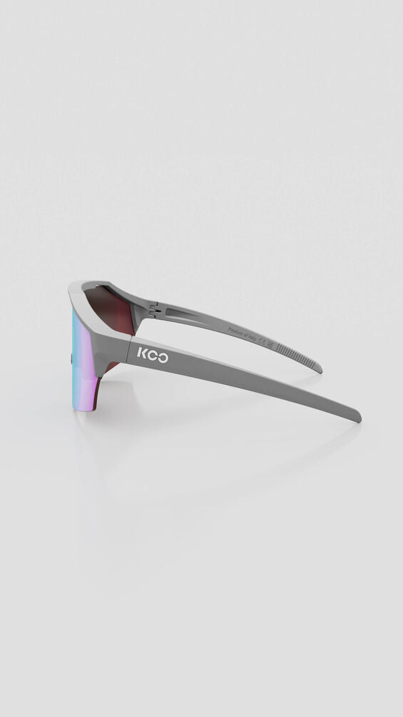 KOO Alibi cycling sunglasses with gray frame and turquoise mirror lens, side view