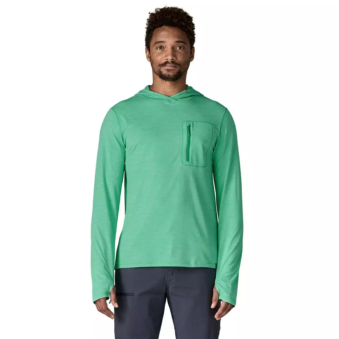 Man wearing bright green hooded long-sleeve shirt with chest pocket