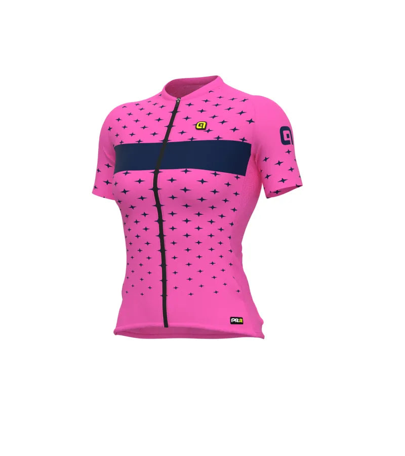 ALE PRR women's cycling jersey in pink with star pattern and navy stripe