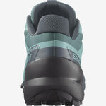 Salomon Speedcross 5 women's trail running shoe heel view in trellis green colorway