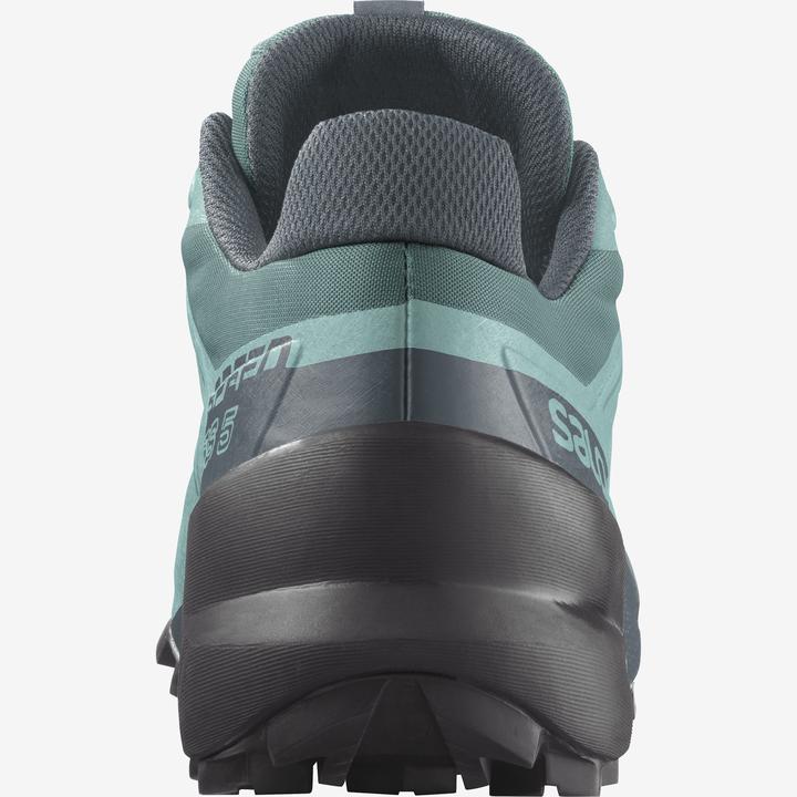Salomon Speedcross 5 women's trail running shoe heel view in trellis green colorway