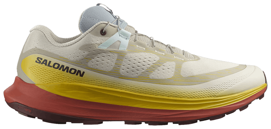 Salomon Ultra Glide 2 running shoe in light gray with yellow and coral accents