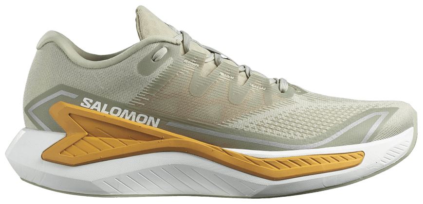 Salomon DRX Bliss men's running shoe in desert sage green with orange accents