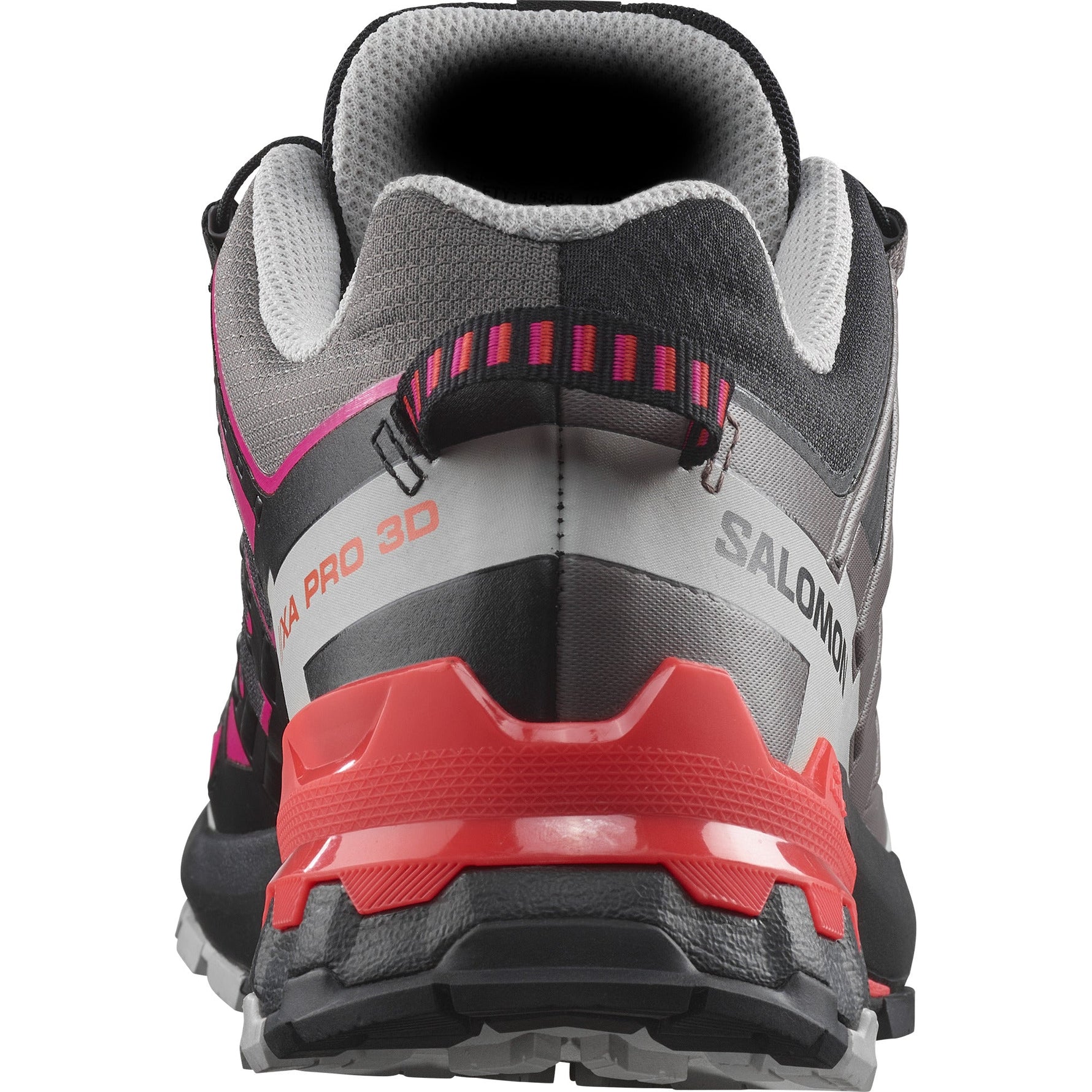 Salomon XA Pro 3D GTX women's trail running shoe rear view in gray with pink coral accents