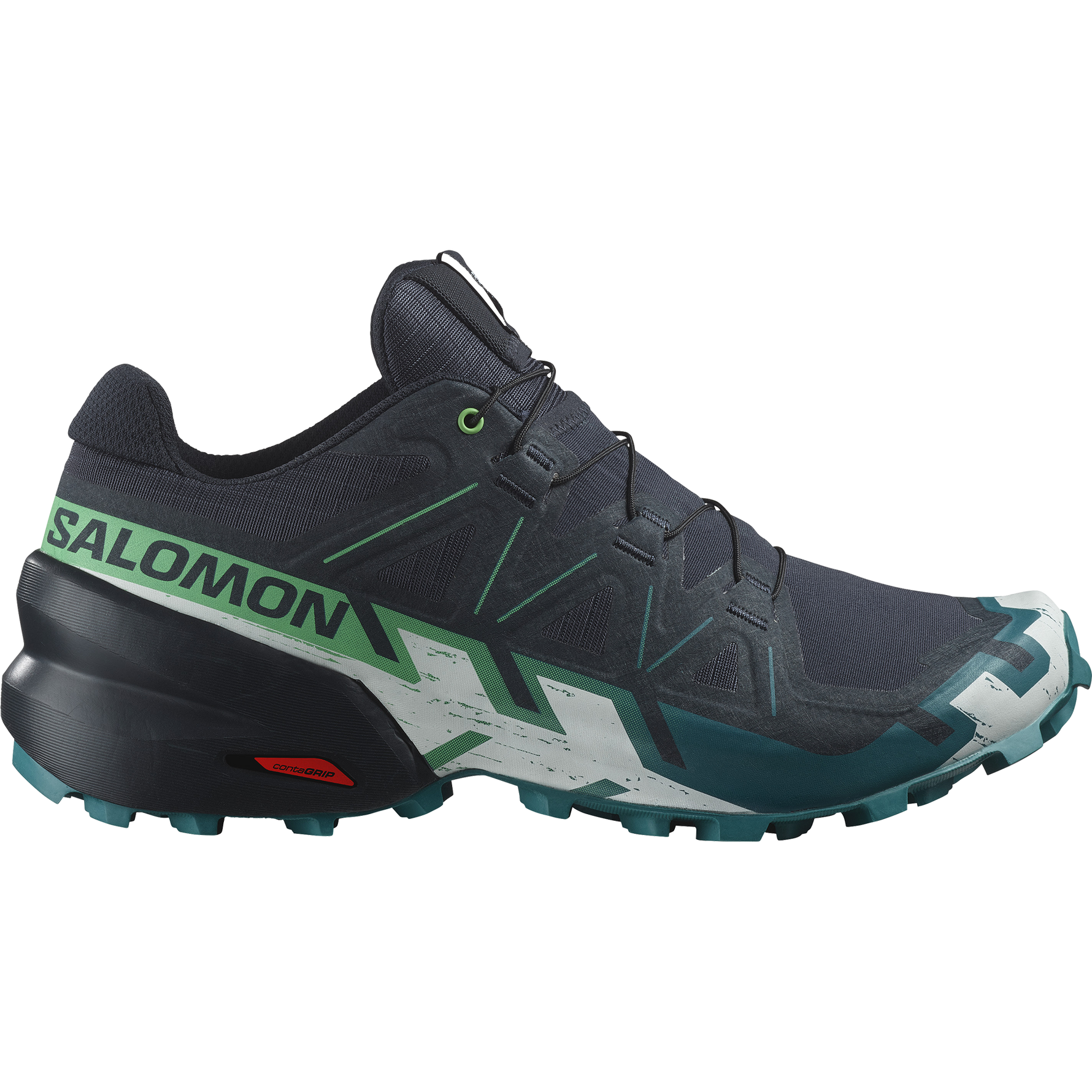 Salomon Speedcross 6 men's trail running shoe in carbon grey with teal accents