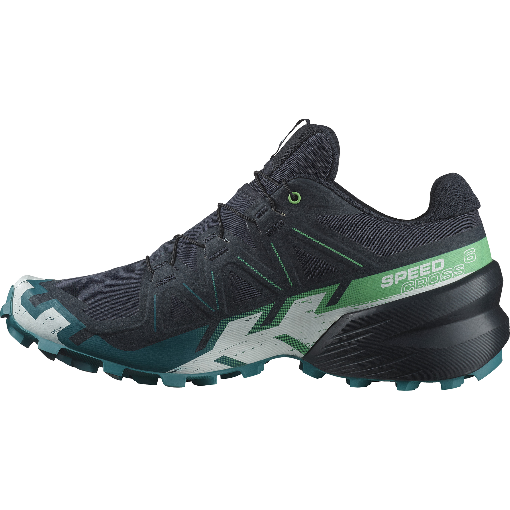 Salomon Speedcross 6 men's trail running shoe in carbon colorway with green details