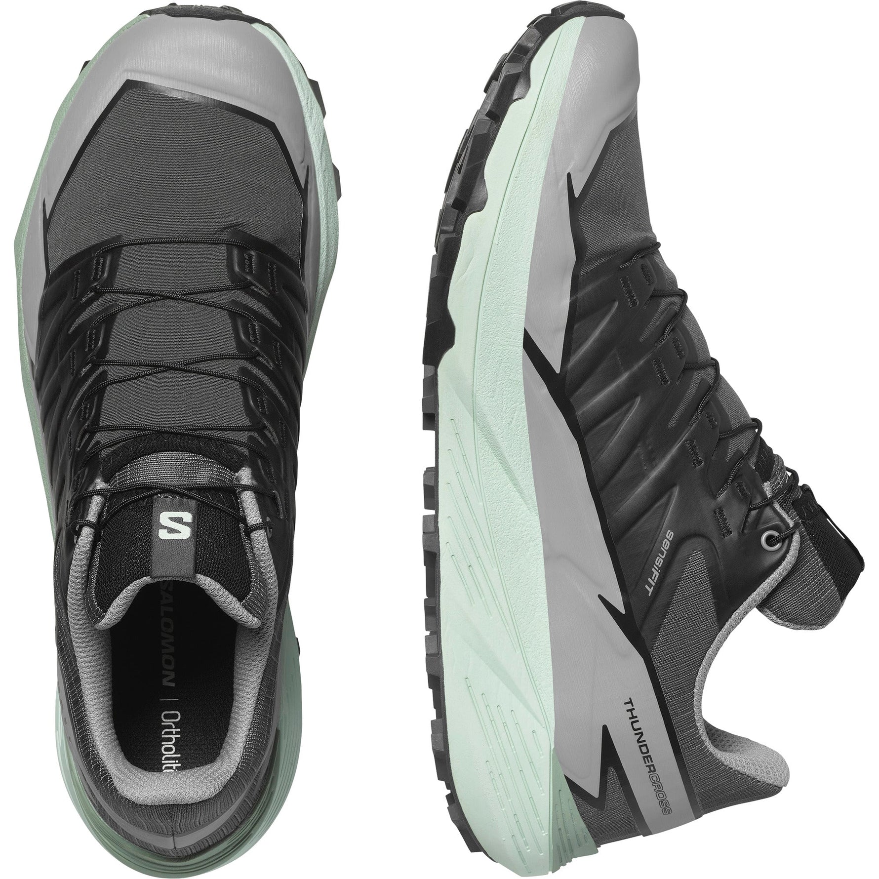 Salomon Thundercross trail running shoes in dark asphalt gray with mint green sole