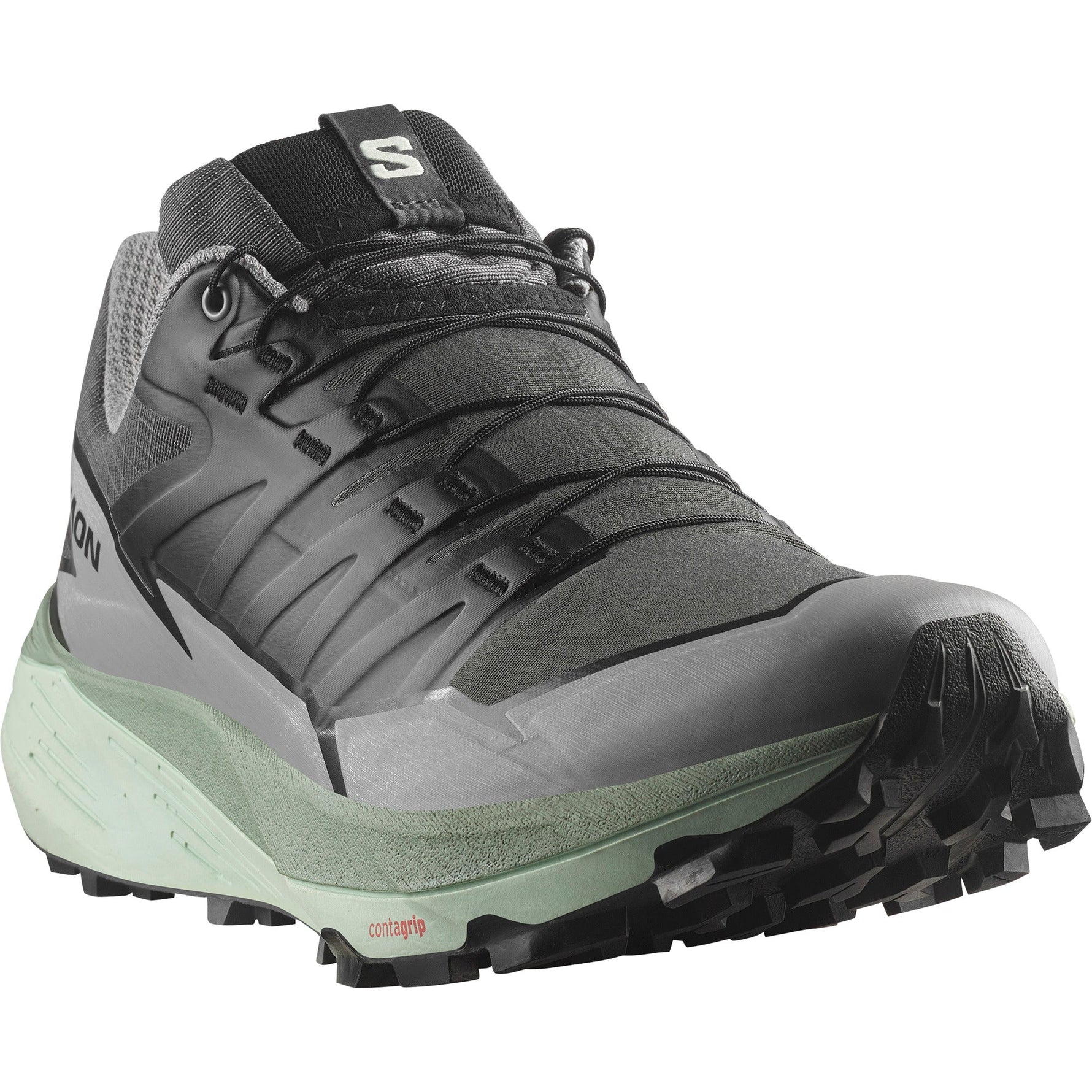 Salomon Thundercross trail running shoe in gray and mint green colorway