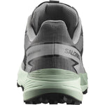 Salomon Thundercross trail running shoe heel view showing gray upper and mint sole