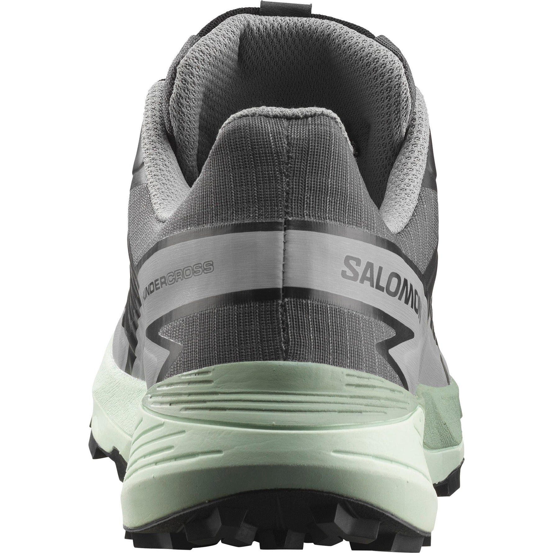 Salomon Thundercross trail running shoe heel view showing gray upper and mint sole