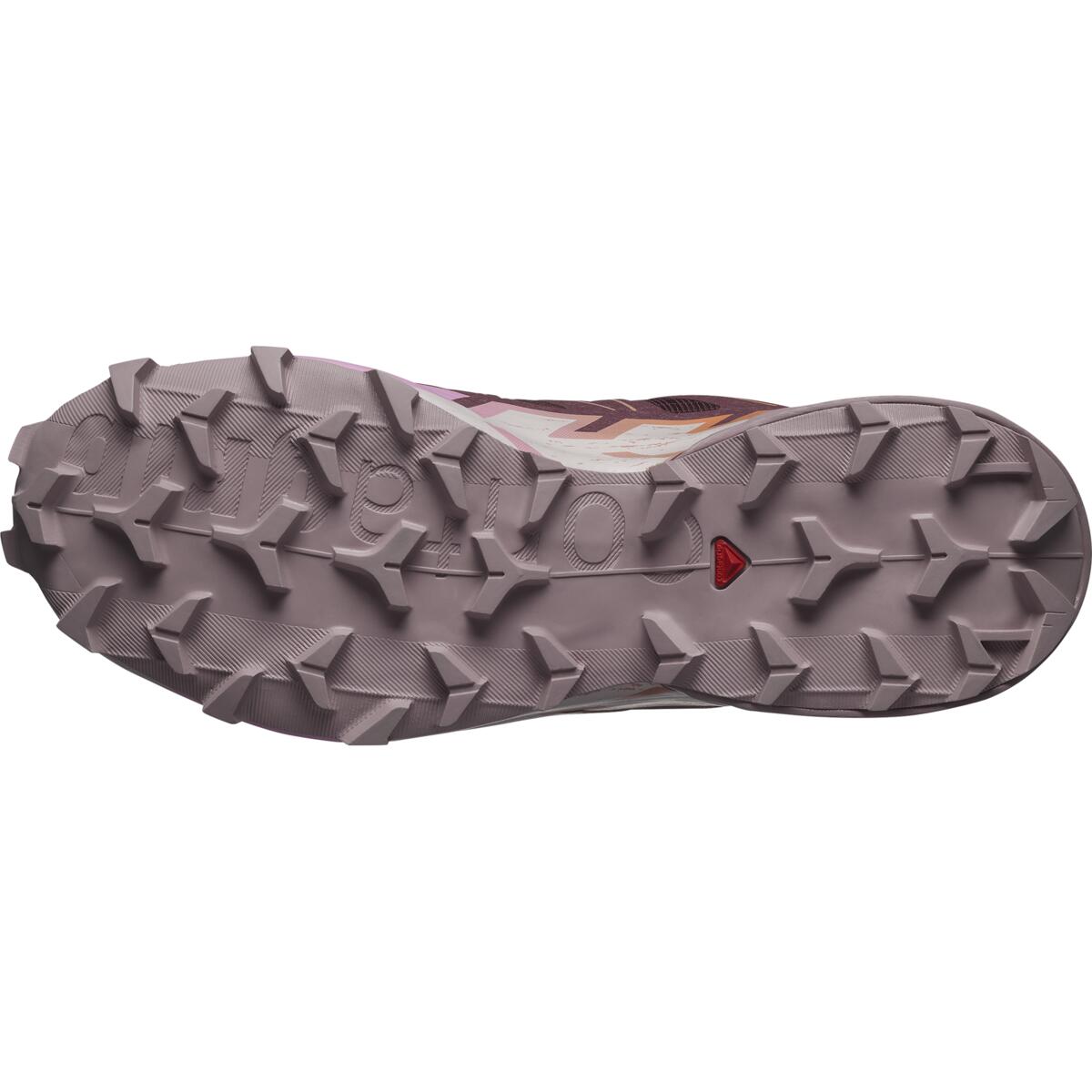 Salomon Speedcross 6 women's trail running shoe sole view in purple and coral colorway