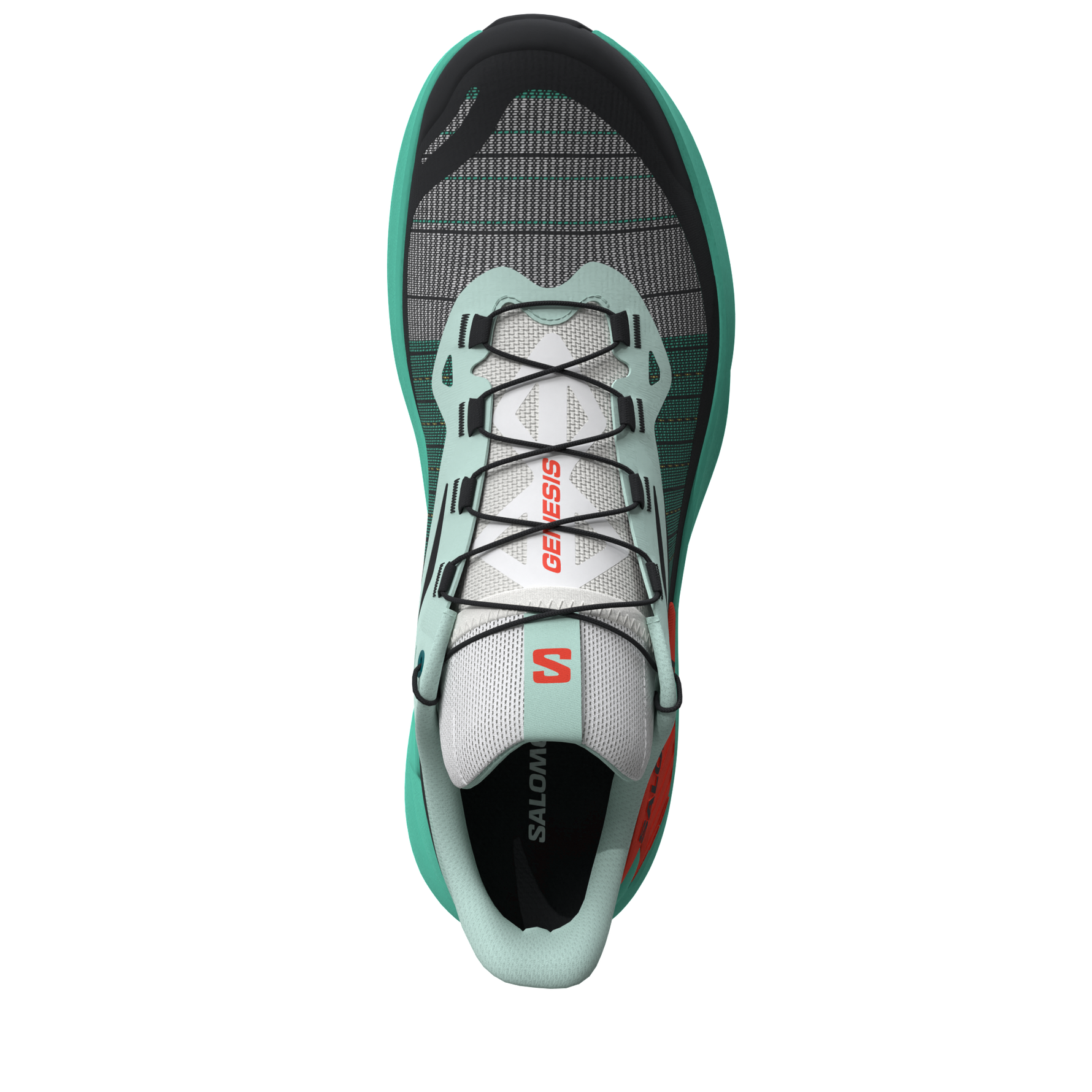Salomon Genesis women's running shoe in bay green and cherry tomato colorway, top view