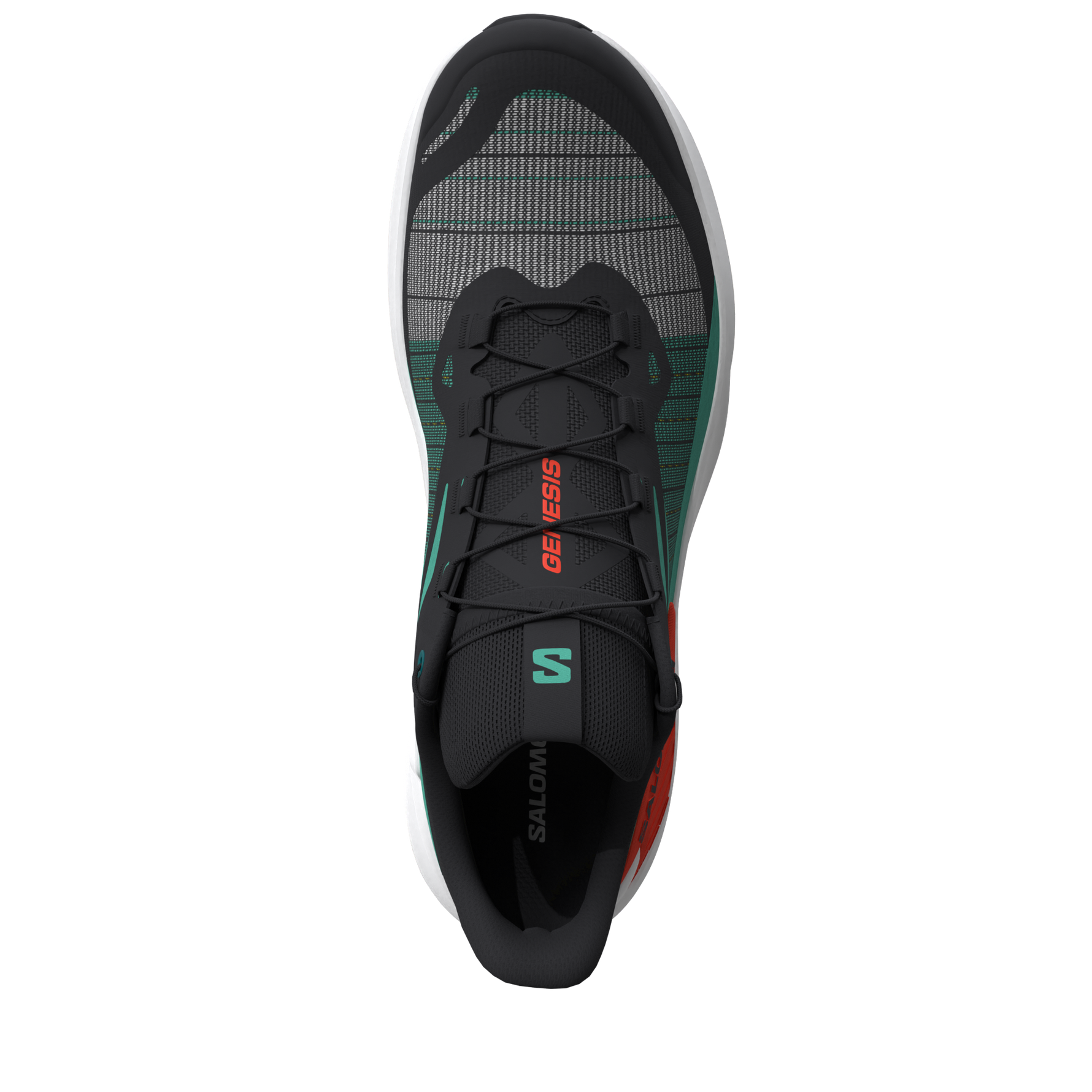 Salomon Genesis men's running shoe in black with electric green and red details