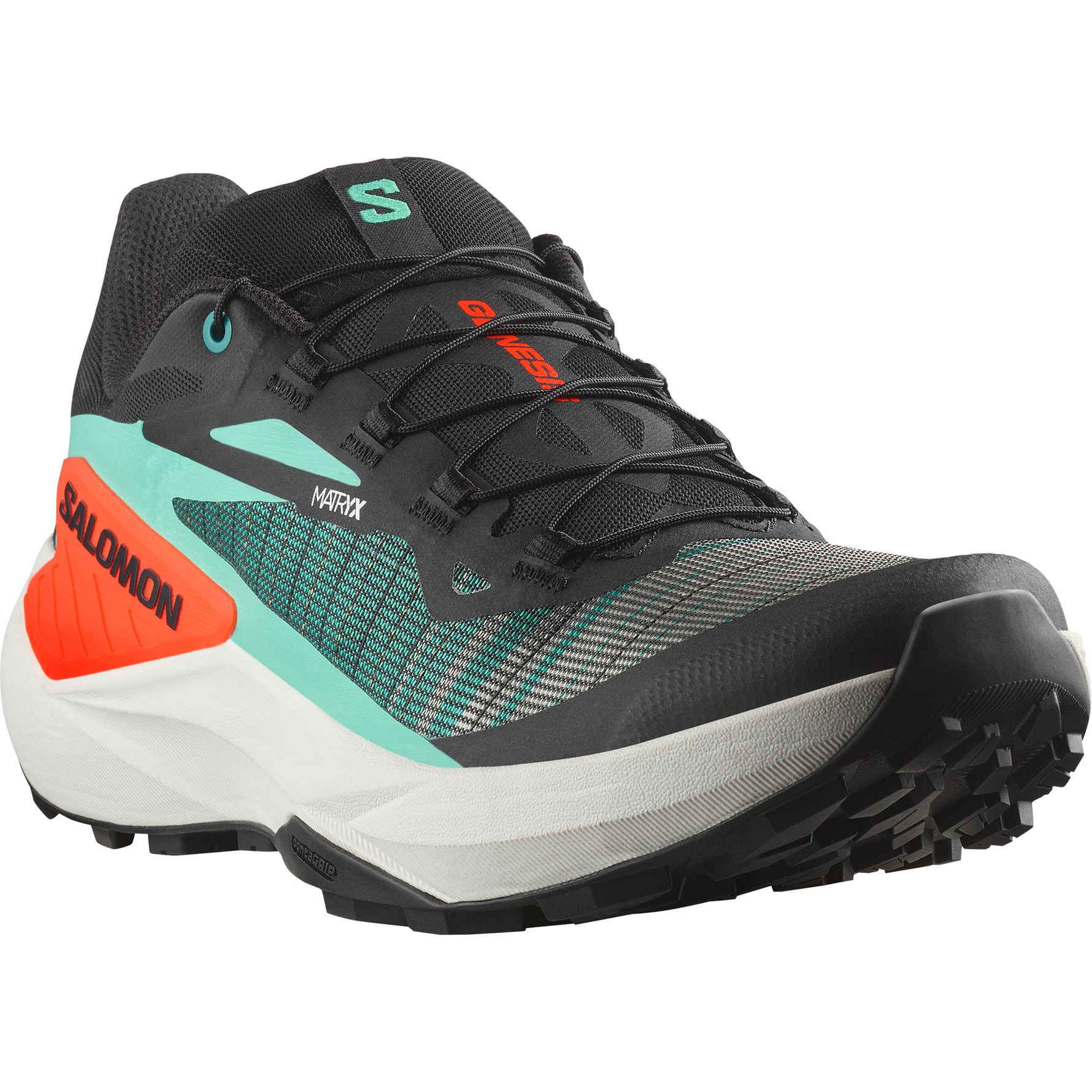 Salomon Genesis men's trail running shoe in black with green and orange details