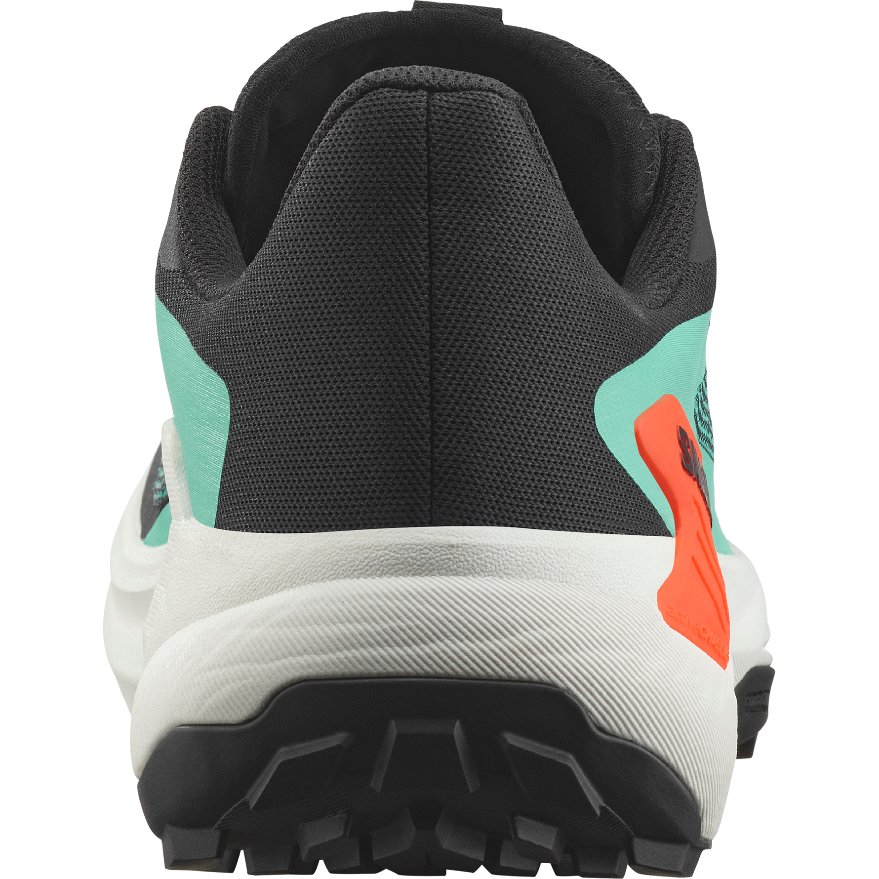 Salomon Genesis Men's running shoe heel view showing black, green, and orange colorway