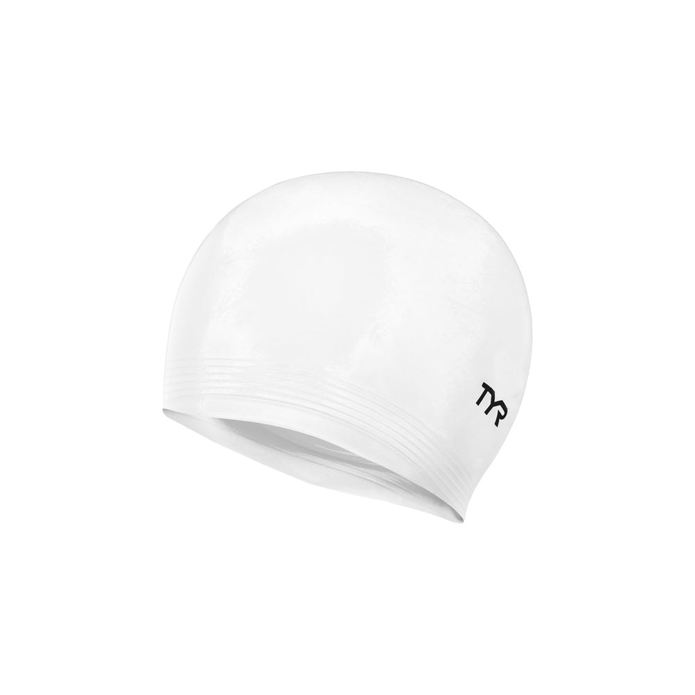 TYR white latex swimming cap with black logo on clean background