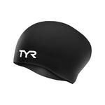 TYR Long Hair Silicone Swim Cap in Black with white TYR logo