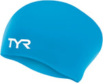 TYR Long Hair Silicone Swim Cap in Blue with White Logo