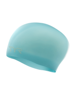 TYR Long Hair Silicone Swim Cap in turquoise with brand logo