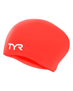 TYR Long Hair Silicone Swim Cap in coral magenta color with white logo