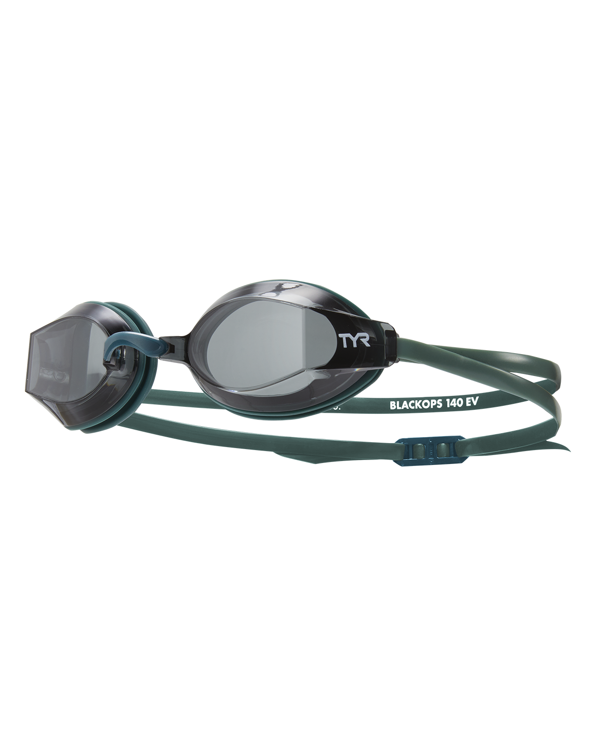 TYR BlackOps 140 EV racing goggles with smoke lenses and green strap