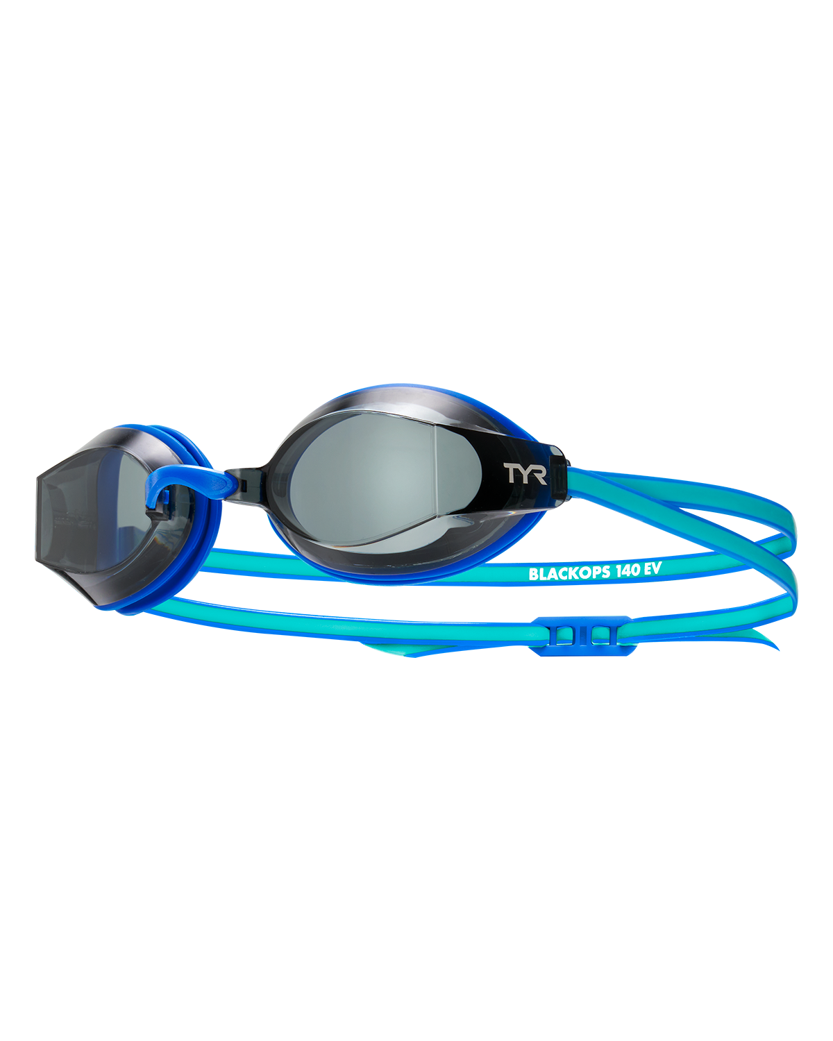 TYR BlackOps 140 EV swimming goggles with blue straps and dark lenses