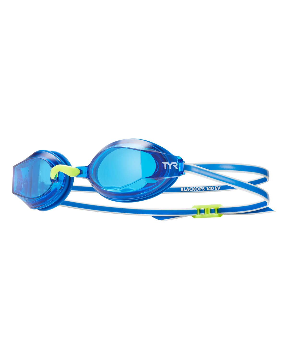 TYR Blue Black Ops 140 EV racing goggles with fluorescent green accents