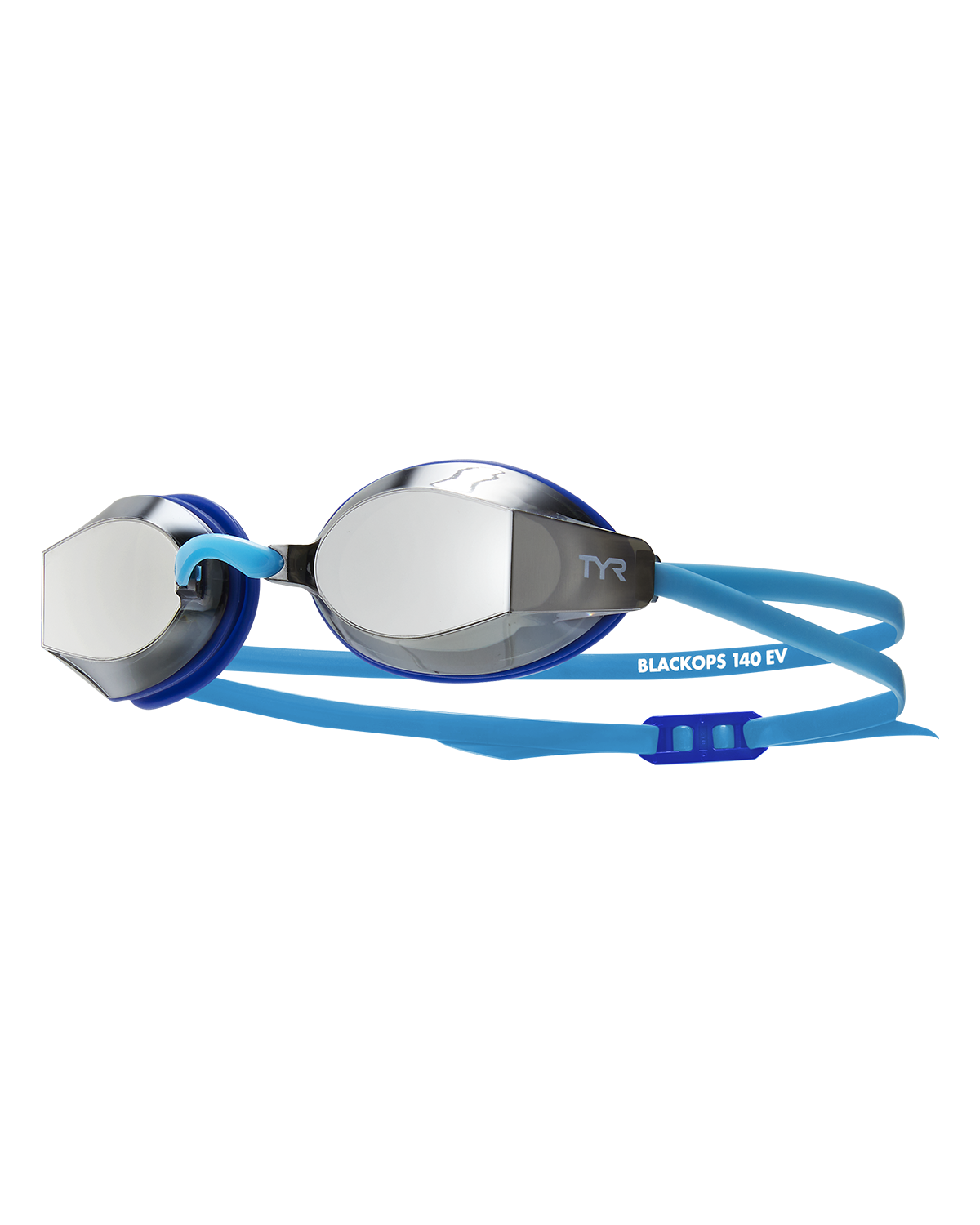 TYR Black Ops 140 EV racing goggles with blue straps and mirrored lenses