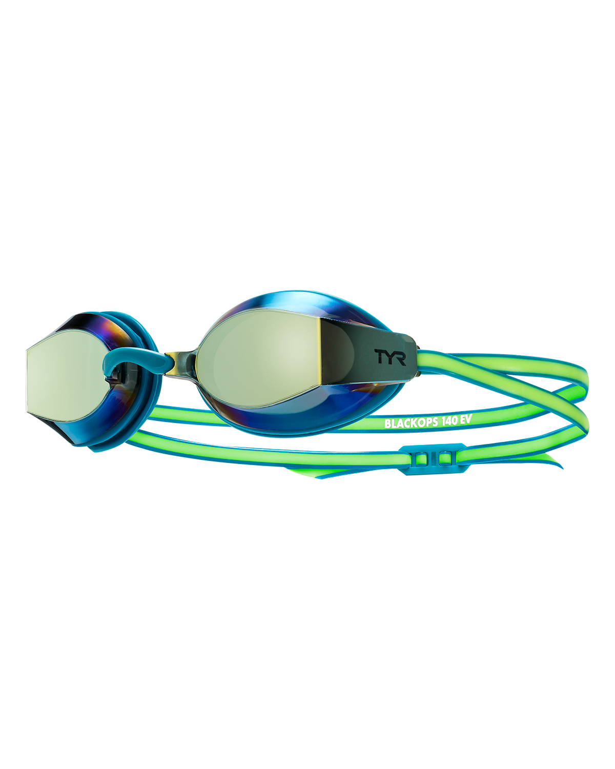 TYR Black Ops 140 EV racing goggles with mirrored rainbow lenses and blue-green frame
