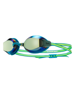 TYR Black Ops 140 EV racing goggles with mirrored rainbow lenses and blue-green frame